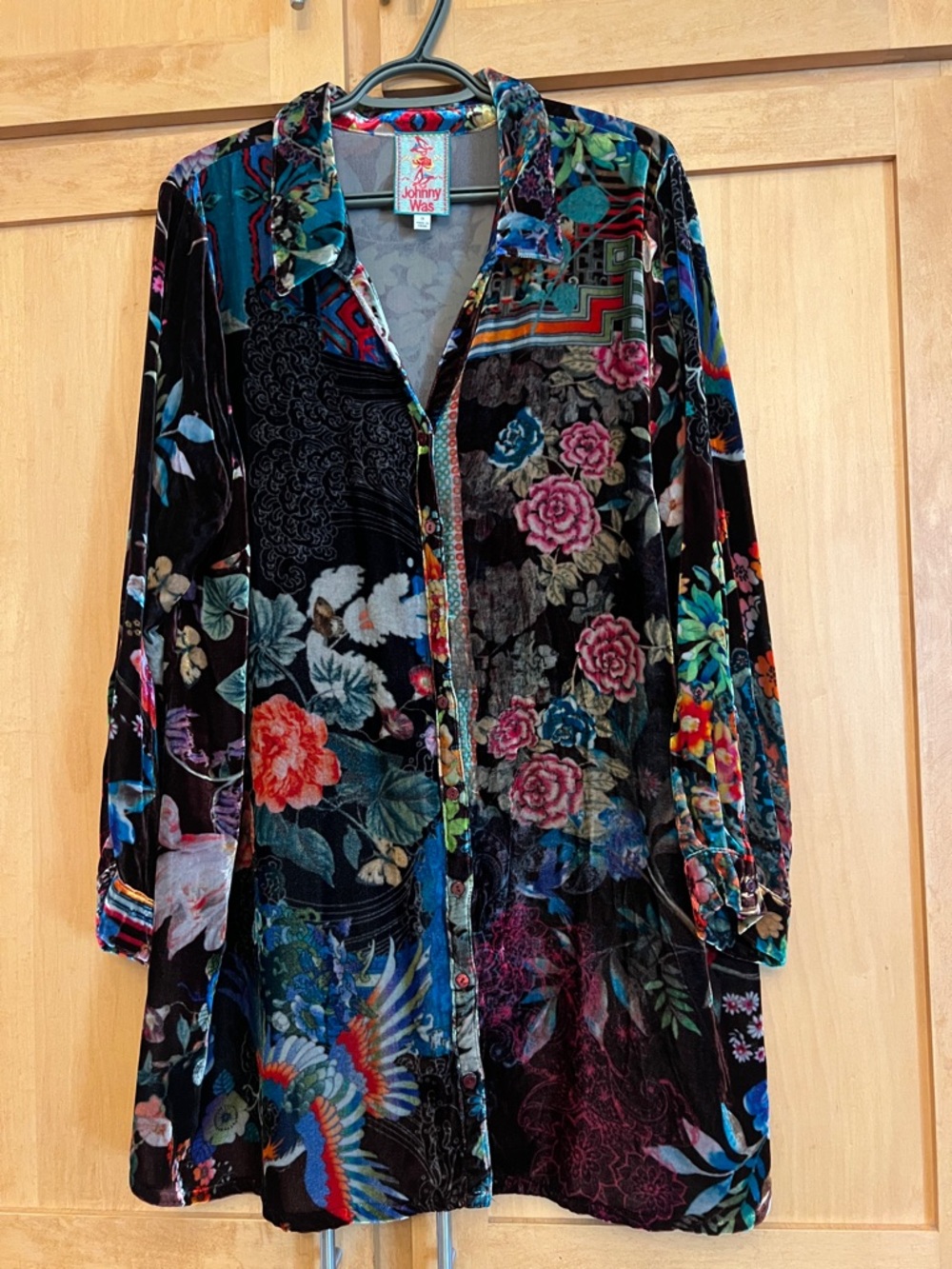 Johnny Was Black Velvet Floral & Bird Button-Up Tunic